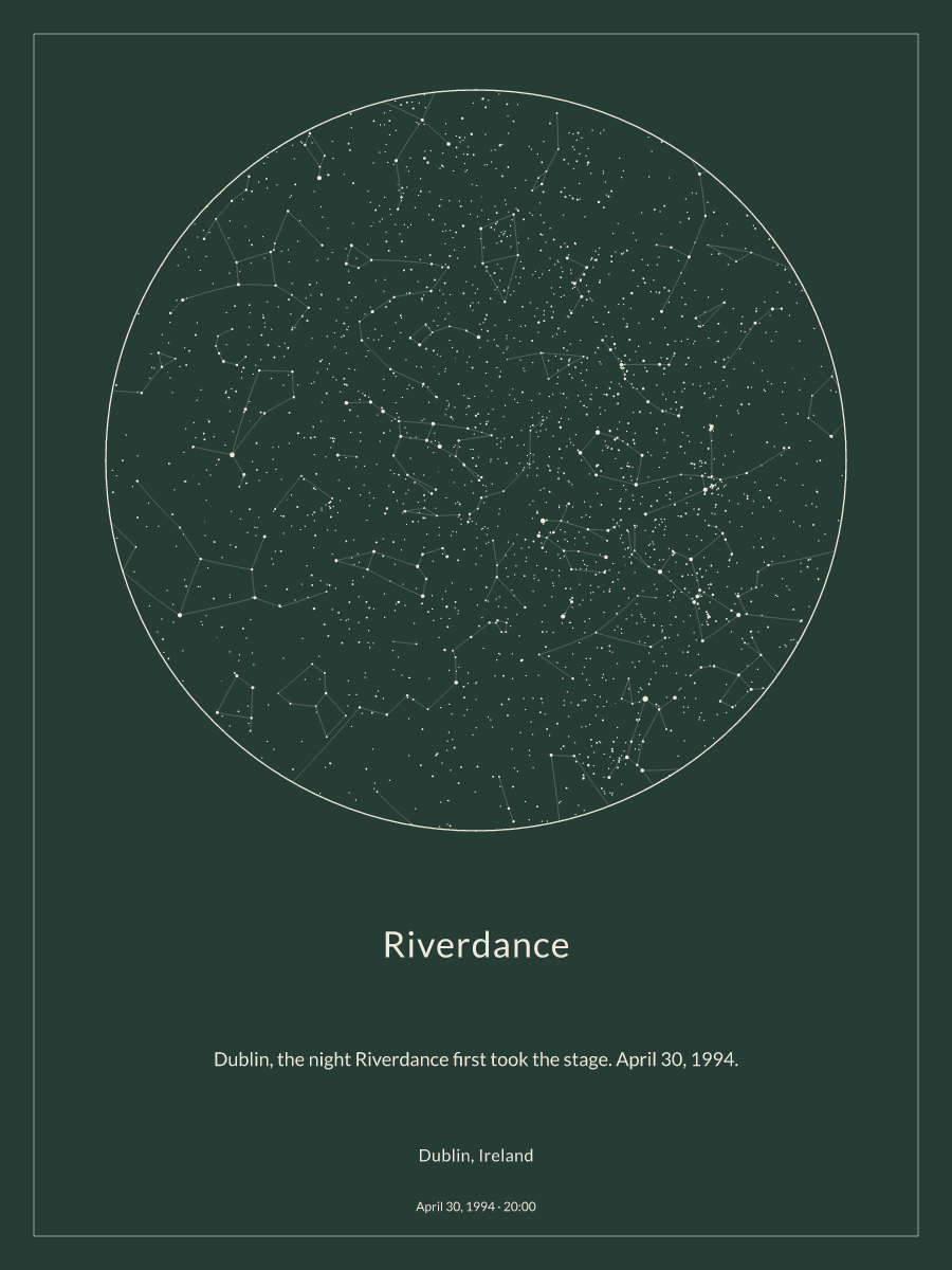 Sky chart of the night sky above Dublin, Ireland at 8:00 PM on April 30, 1994