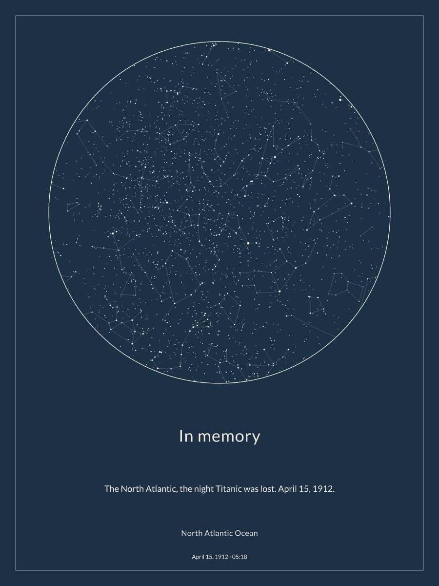 Sky chart of the night sky above North Atlantic Ocean at 5:18 AM on April 15, 1912