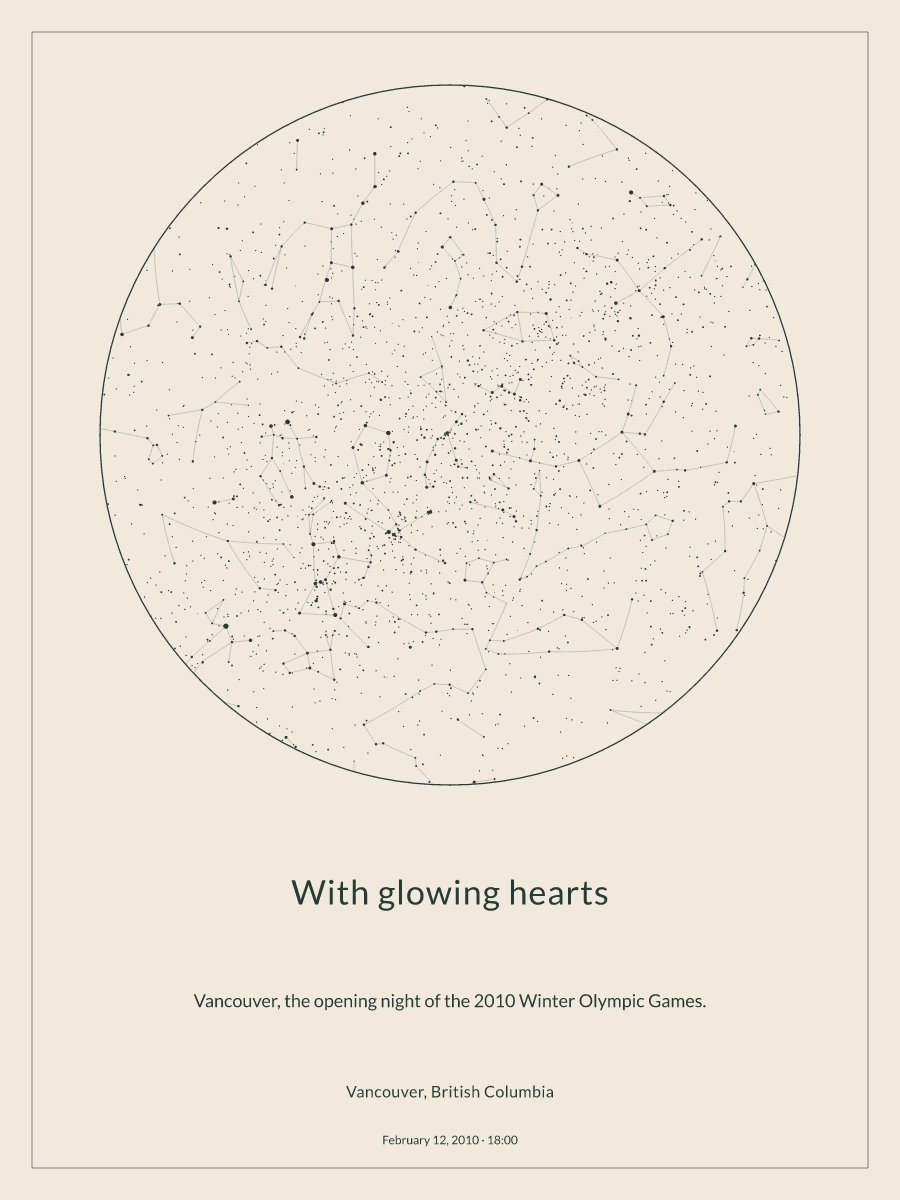 Sky chart of the night sky above Vancouver, British Columbia at 6:00 PM on February 12, 2010