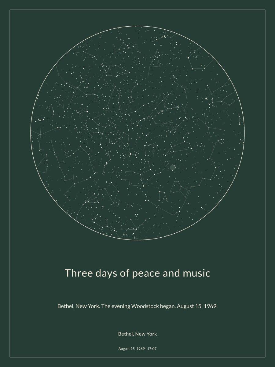 Sky chart of the night sky above Bethel, New York at 5:07 PM on August 15, 1969
