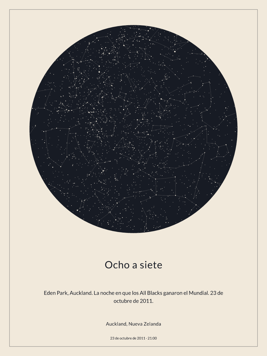 Mapa del cielo nocturno sobre Auckland, Nueva Zelanda el 23 de octubre de 2011 a las 21:00