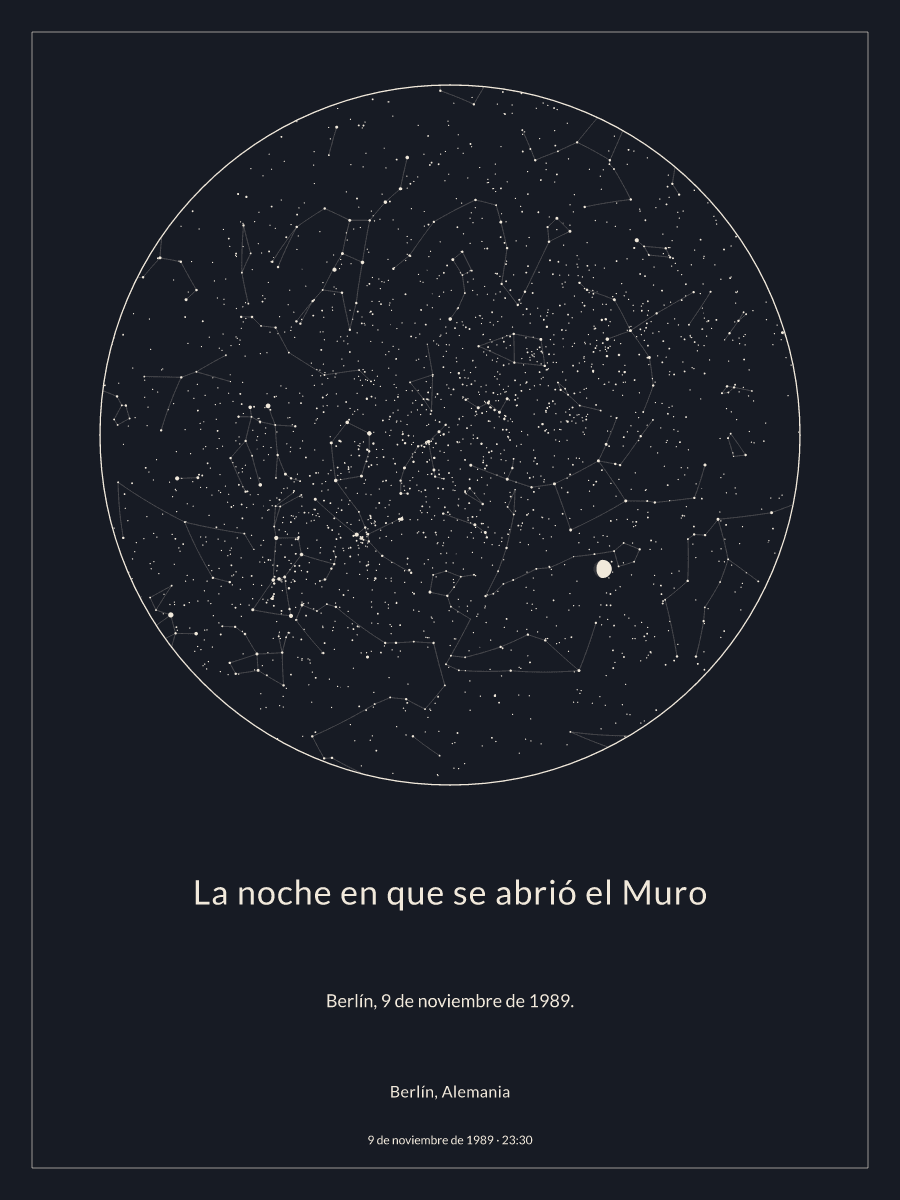 Mapa del cielo nocturno sobre Berlín, Alemania el 9 de noviembre de 1989 a las 23:30