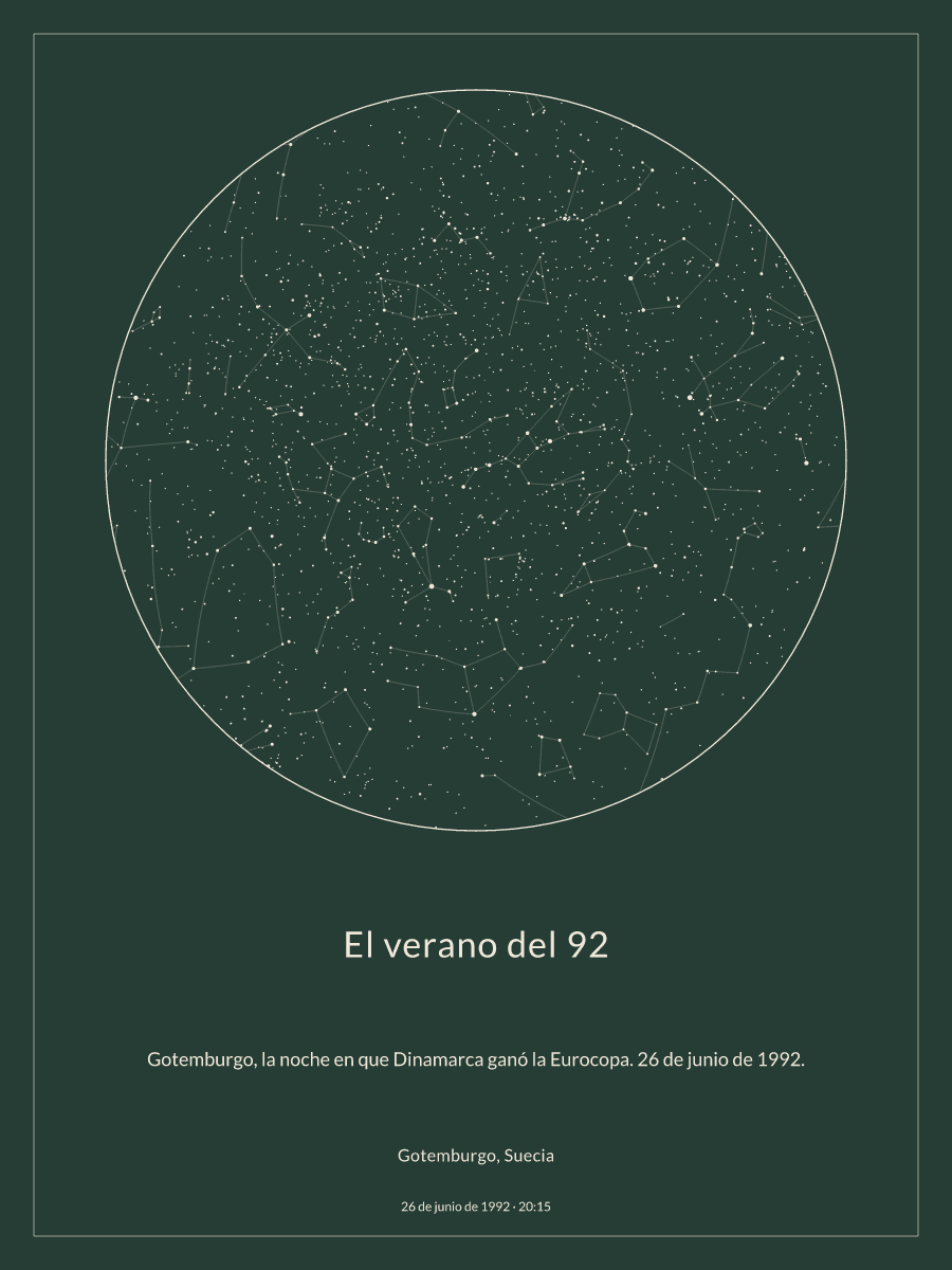 Mapa del cielo nocturno sobre Gotemburgo, Suecia el 26 de junio de 1992 a las 20:15