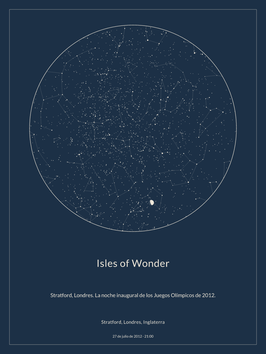 Mapa del cielo nocturno sobre Stratford, Londres, Inglaterra el 27 de julio de 2012 a las 21:00