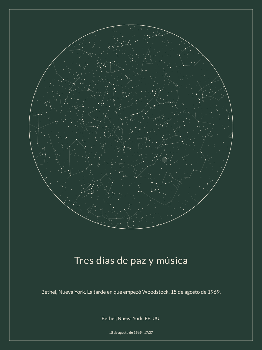 Mapa del cielo nocturno sobre Bethel, Nueva York, EE. UU. el 15 de agosto de 1969 a las 17:07