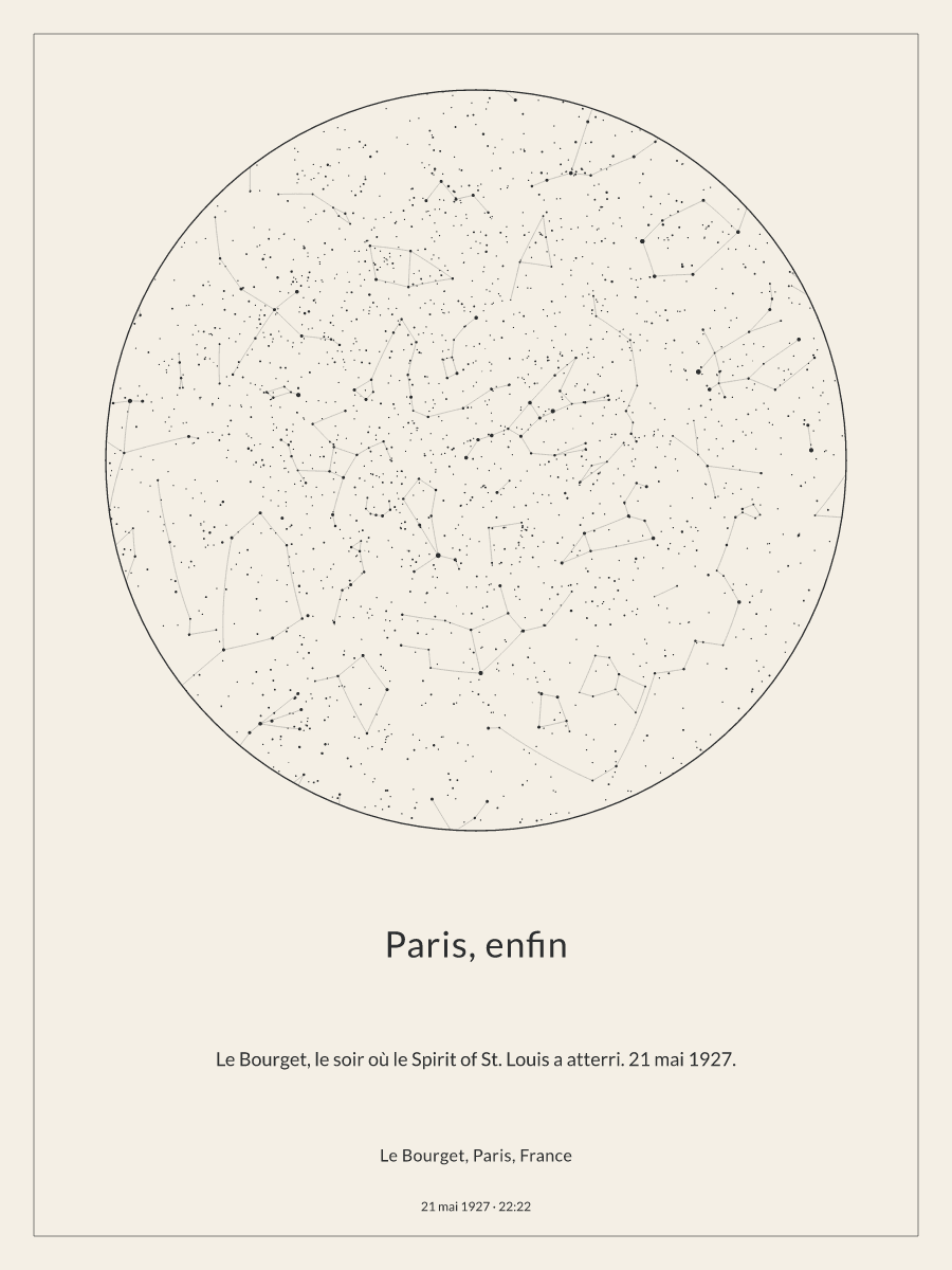 Carte du ciel nocturne : Le Bourget, Paris, France, le 21 mai 1927 à 22:22