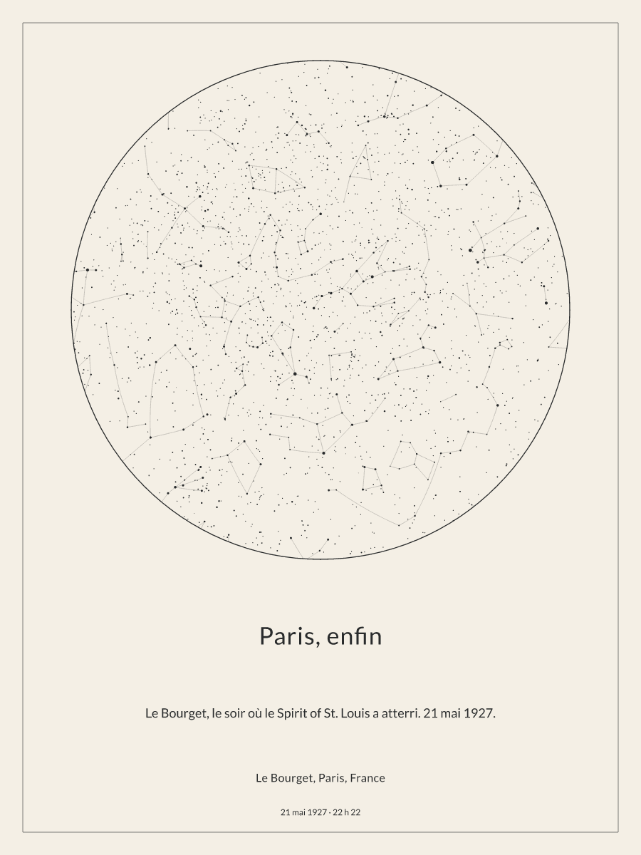 Carte du ciel nocturne : Le Bourget, Paris, France, le 21 mai 1927 à 22 h 22
