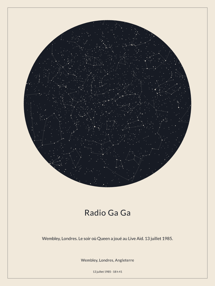 Carte du ciel nocturne : Wembley, Londres, Angleterre, le 13 juillet 1985 à 18 h 41