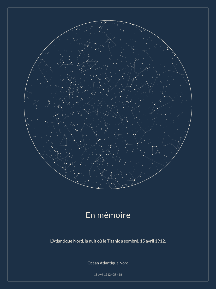 Carte du ciel nocturne : Océan Atlantique Nord, le 15 avril 1912 à 05 h 18