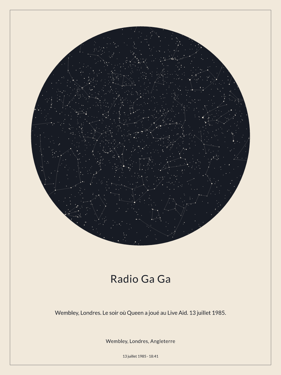 Carte du ciel nocturne : Wembley, Londres, Angleterre, le 13 juillet 1985 à 18:41
