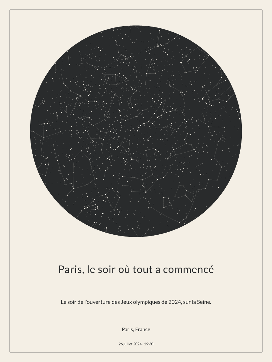 Carte du ciel nocturne : Paris, France, le 26 juillet 2024 à 19:30