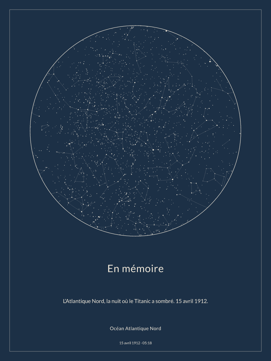 Carte du ciel nocturne : Océan Atlantique Nord, le 15 avril 1912 à 05:18