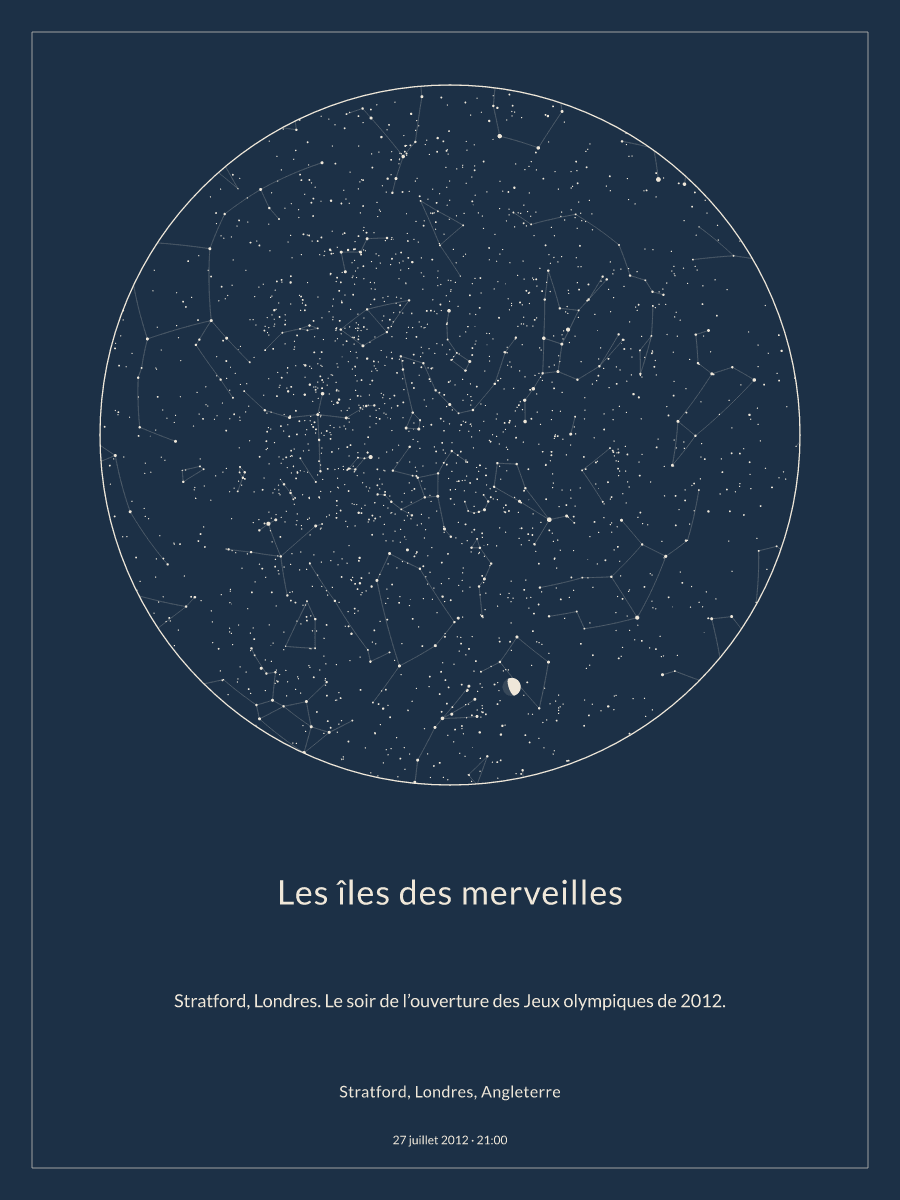 Carte du ciel nocturne : Stratford, Londres, Angleterre, le 27 juillet 2012 à 21:00