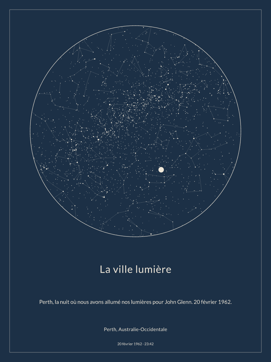 Carte du ciel nocturne : Perth, Australie-Occidentale, le 20 février 1962 à 23:42