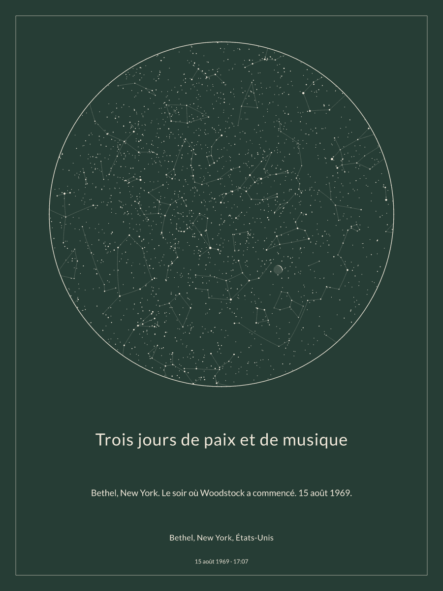 Carte du ciel nocturne : Bethel, New York, États-Unis, le 15 août 1969 à 17:07