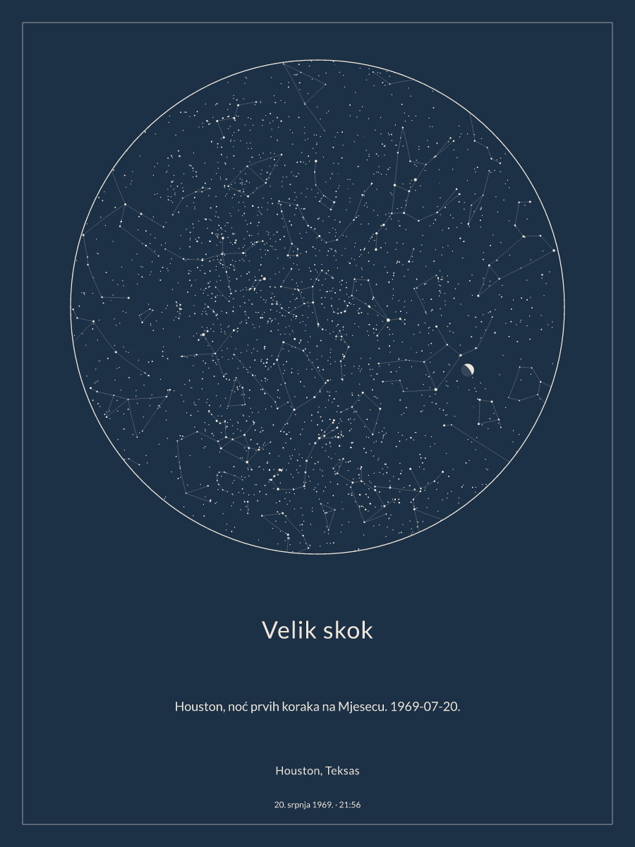 Houston, Teksas: karta noćnog neba u 21:56 na datum 20. srpnja 1969.