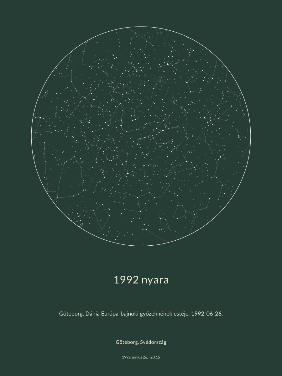A(z) Göteborg, Svédország fölötti éjszakai égbolt térképe, 1992. június 26., 20:15
