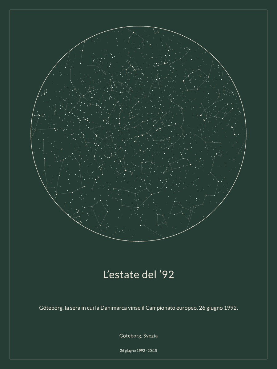 Mappa del cielo notturno sopra Göteborg, Svezia, alle 20:15 del 26 giugno 1992