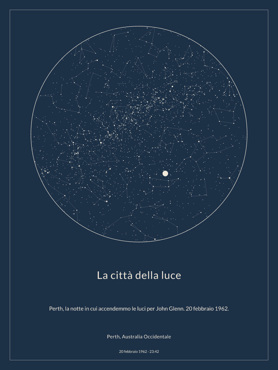 Mappa del cielo notturno sopra Perth, Australia Occidentale, alle 23:42 del 20 febbraio 1962