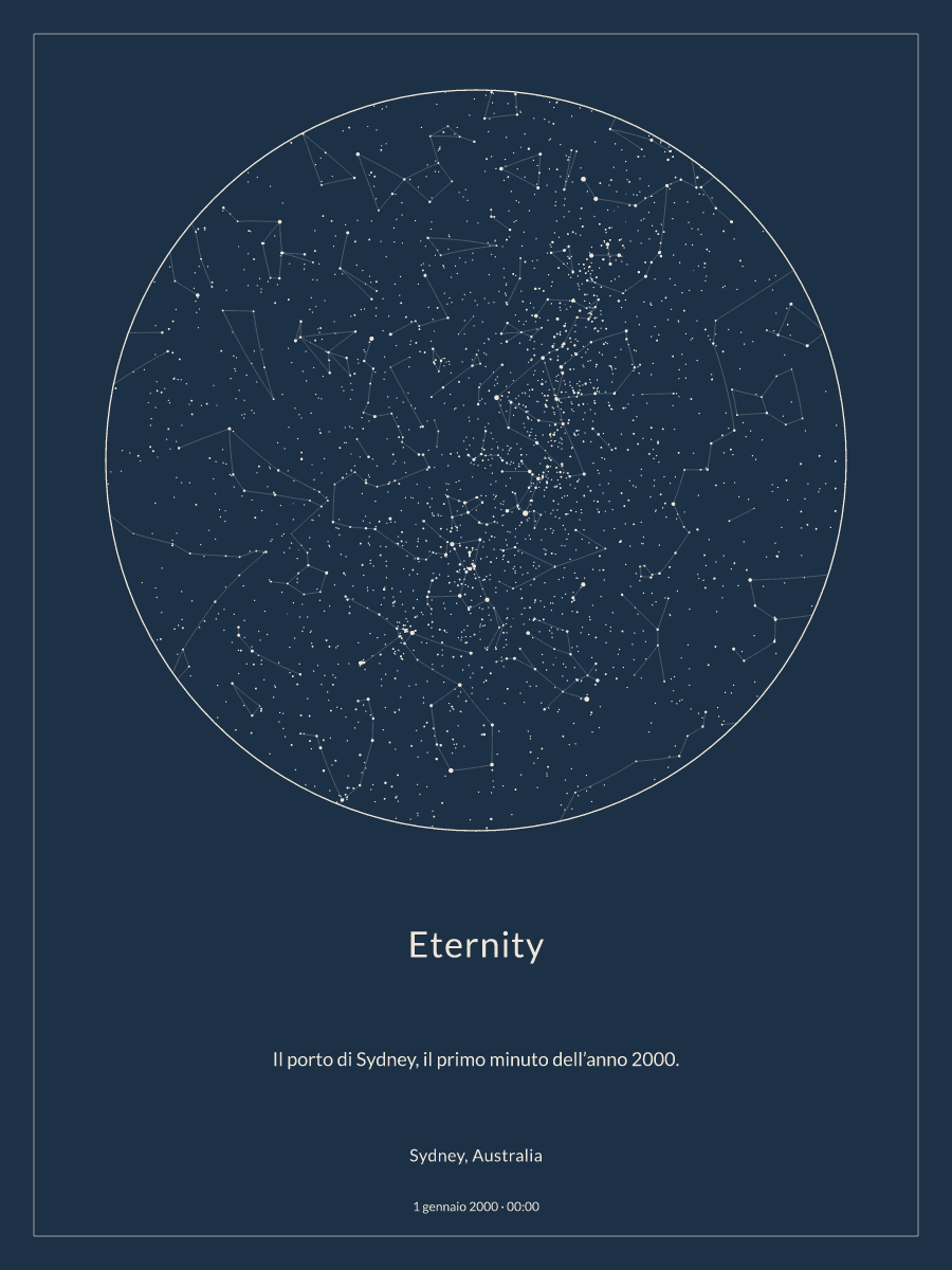 Mappa del cielo notturno sopra Sydney, Australia, alle 00:00 del 1 gennaio 2000