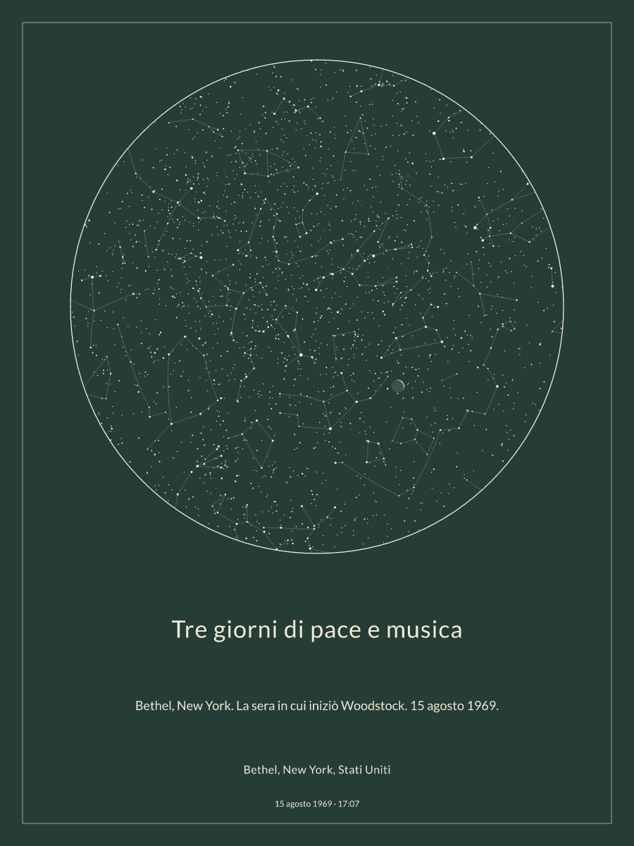 Mappa del cielo notturno sopra Bethel, New York, Stati Uniti, alle 17:07 del 15 agosto 1969