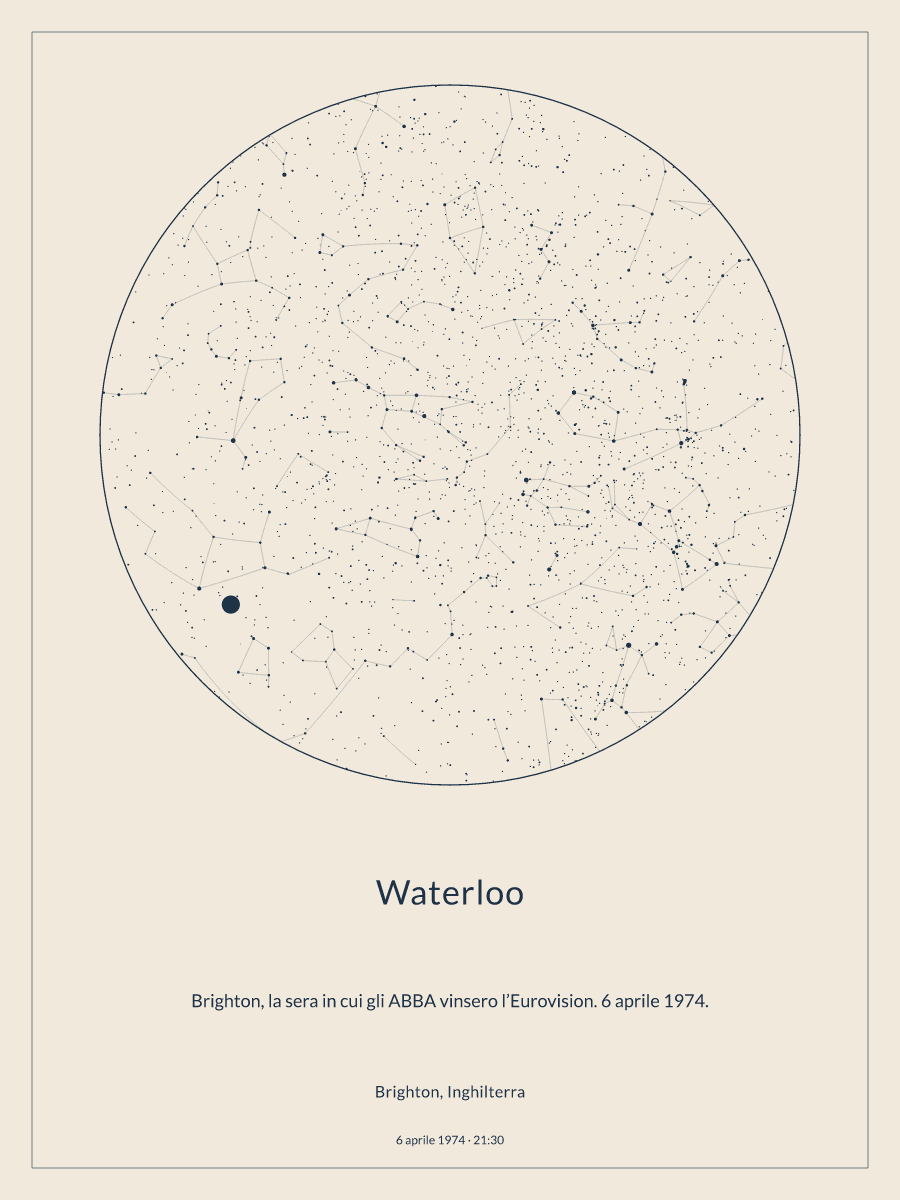 Mappa del cielo notturno sopra Brighton, Inghilterra, alle 21:30 del 6 aprile 1974