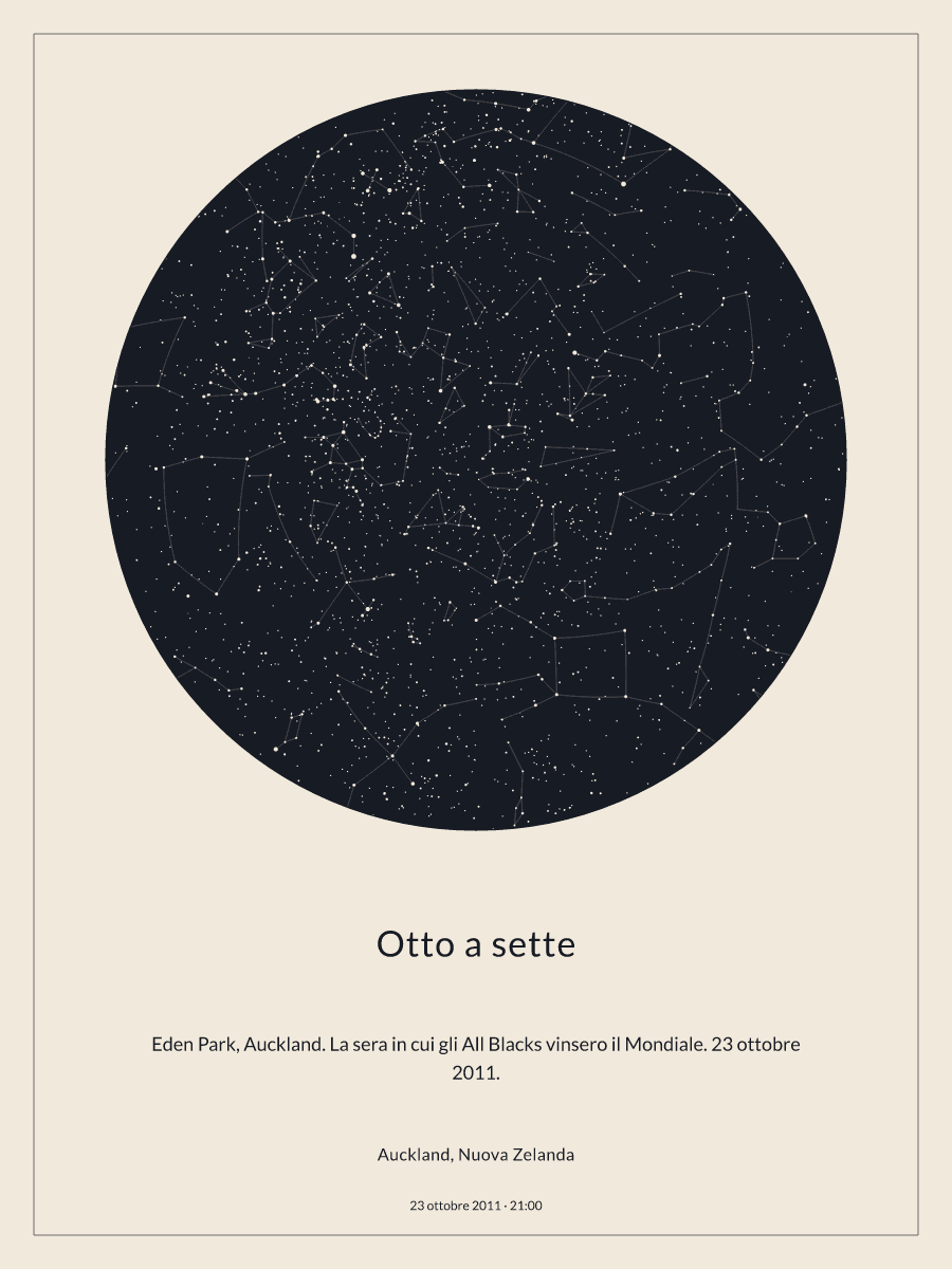 Mappa del cielo notturno sopra Auckland, Nuova Zelanda, alle 21:00 del 23 ottobre 2011