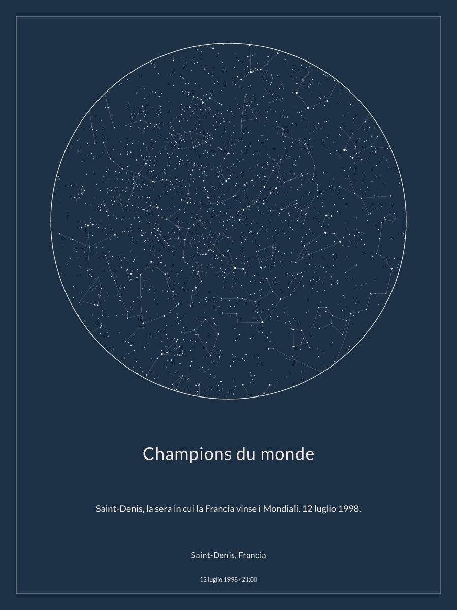 Mappa del cielo notturno sopra Saint-Denis, Francia, alle 21:00 del 12 luglio 1998