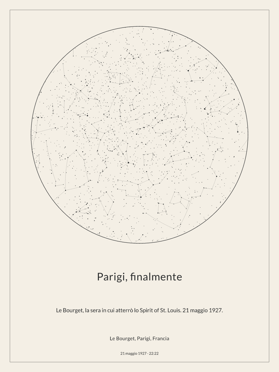 Mappa del cielo notturno sopra Le Bourget, Parigi, Francia, alle 22:22 del 21 maggio 1927