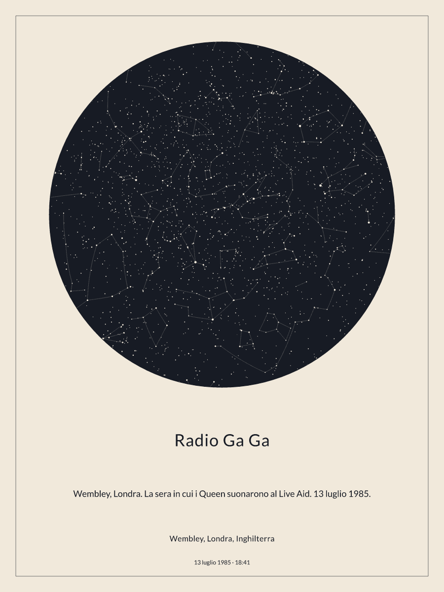 Mappa del cielo notturno sopra Wembley, Londra, Inghilterra, alle 18:41 del 13 luglio 1985