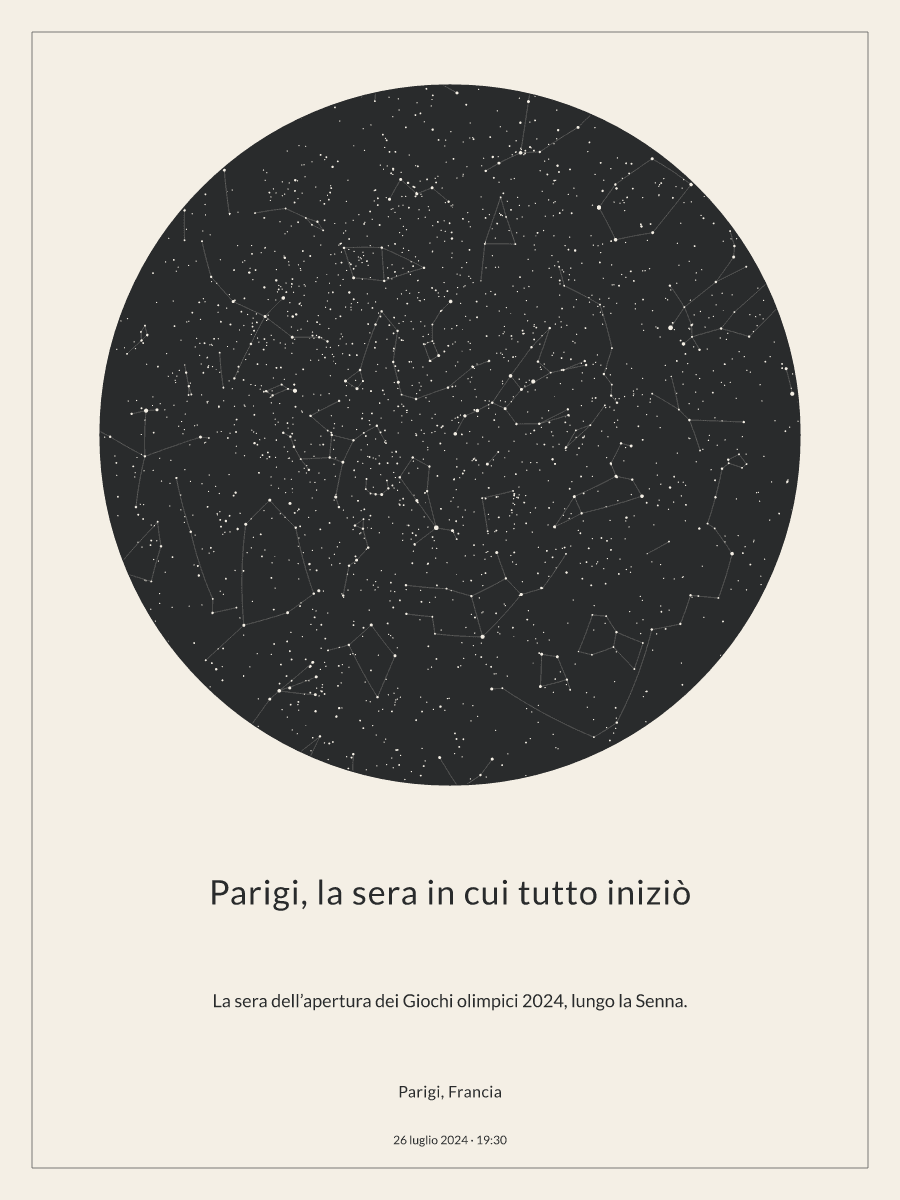 Mappa del cielo notturno sopra Parigi, Francia, alle 19:30 del 26 luglio 2024