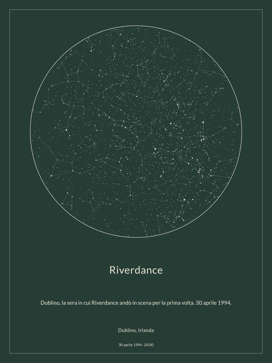 Mappa del cielo notturno sopra Dublino, Irlanda, alle 20:00 del 30 aprile 1994