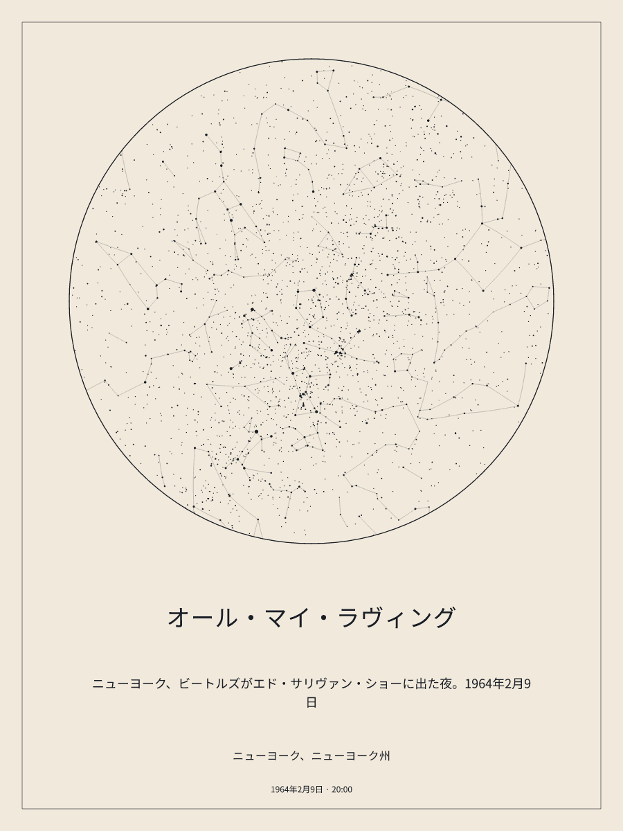 1964年2月9日 20:00のニューヨーク、ニューヨーク州の夜空を描いた星図