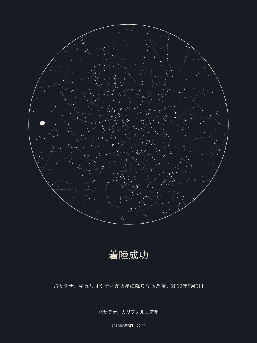 2012年8月5日 22:32のパサデナ、カリフォルニア州の夜空を描いた星図