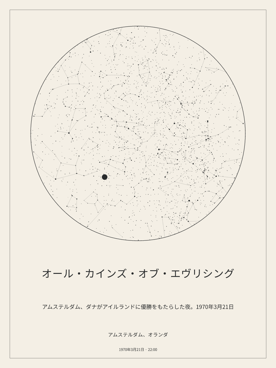 1970年3月21日 22:00のアムステルダム、オランダの夜空を描いた星図
