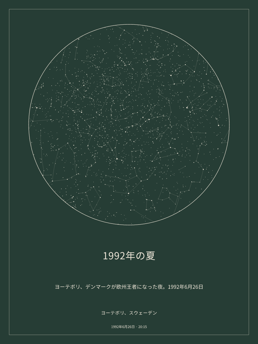 1992年6月26日 20:15のヨーテボリ、スウェーデンの夜空を描いた星図