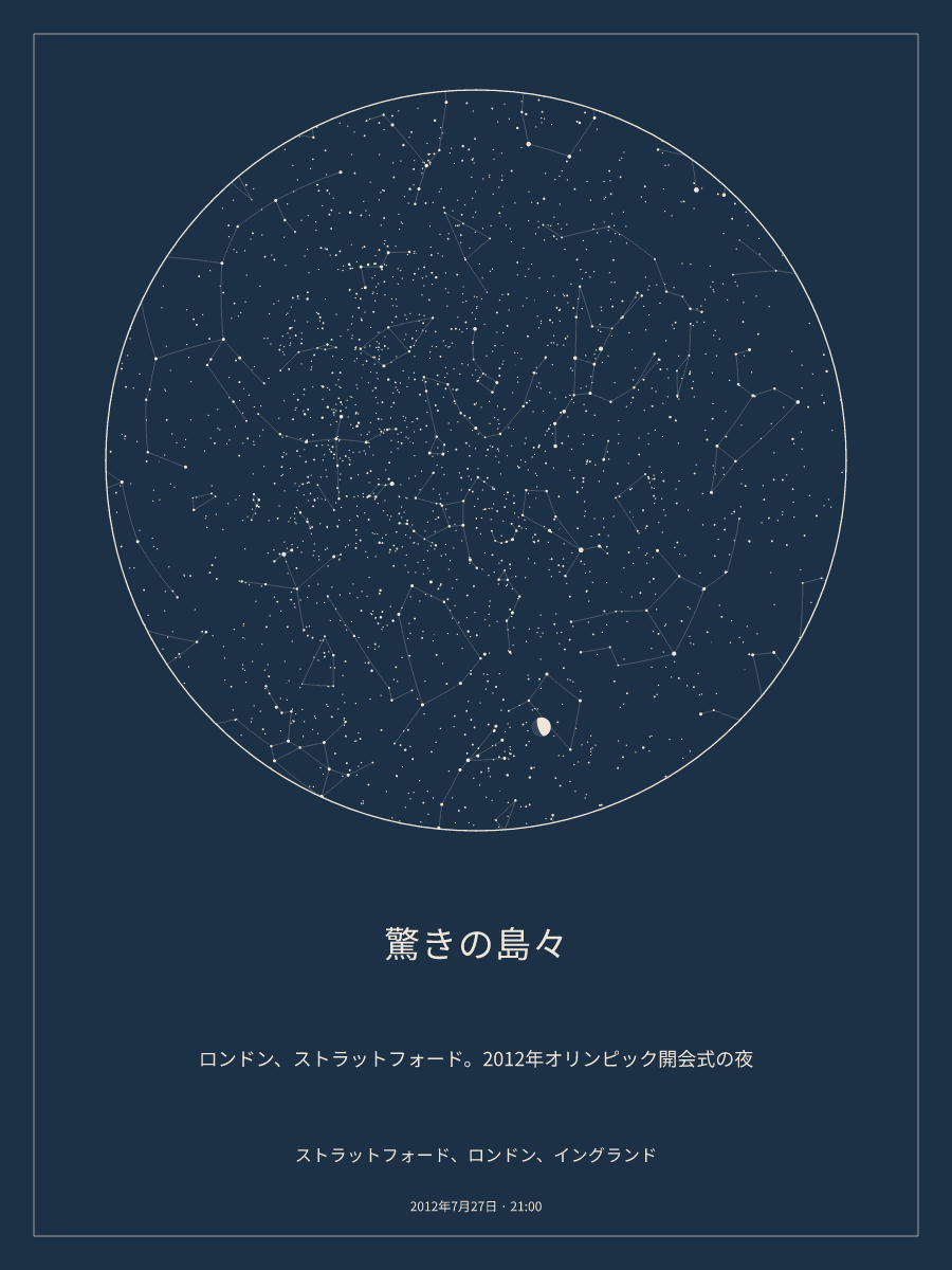 2012年7月27日 21:00のストラットフォード、ロンドン、イングランドの夜空を描いた星図