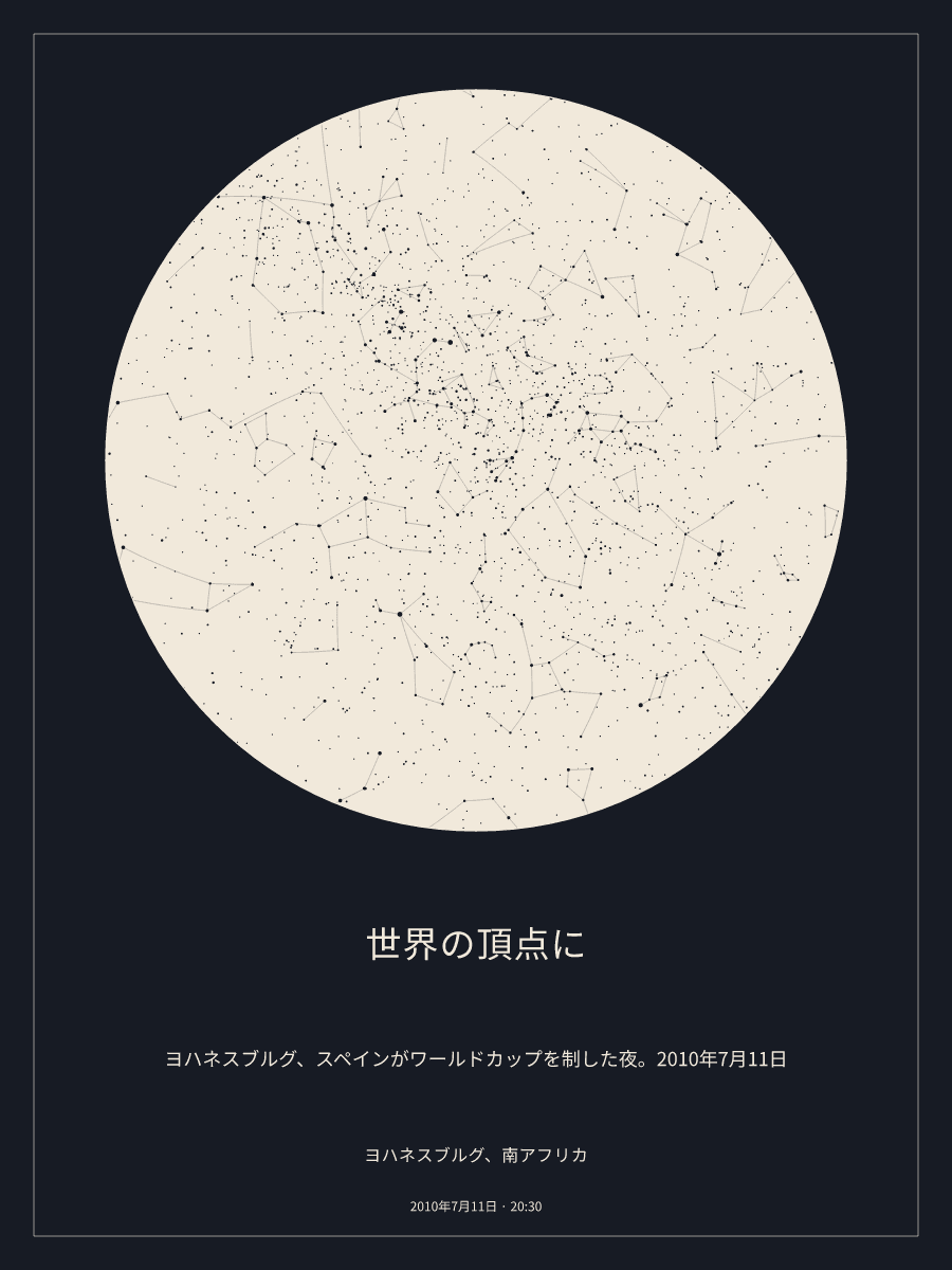 2010年7月11日 20:30のヨハネスブルグ、南アフリカの夜空を描いた星図