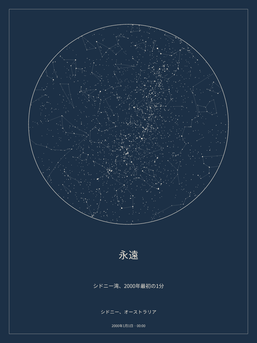 2000年1月1日 0:00のシドニー、オーストラリアの夜空を描いた星図