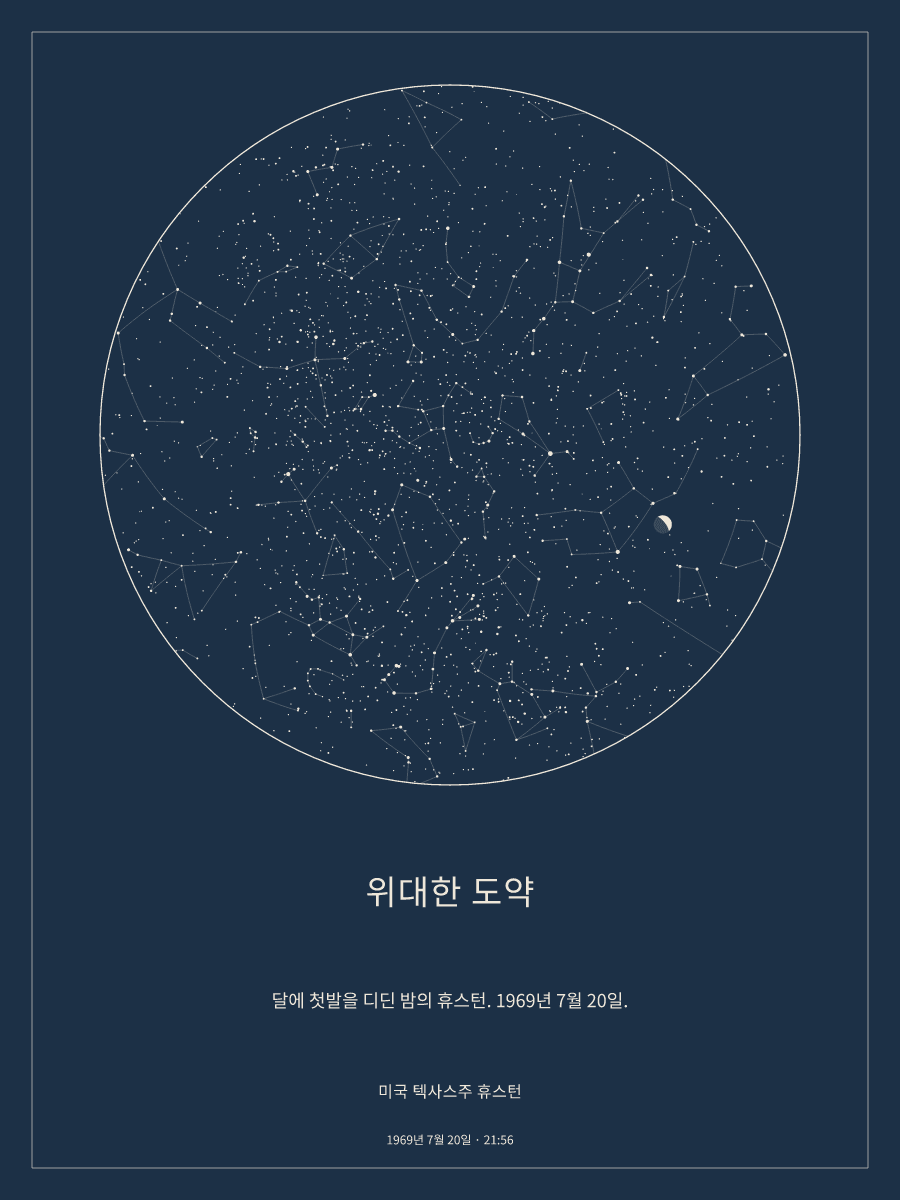 1969년 7월 20일 오후 9:56 미국 텍사스주 휴스턴 위 밤하늘의 하늘 지도