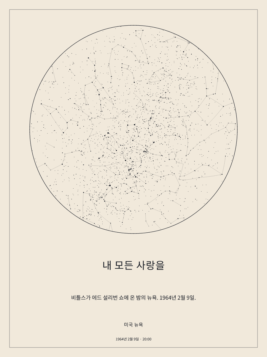 1964년 2월 9일 오후 8:00 미국 뉴욕 위 밤하늘의 하늘 지도