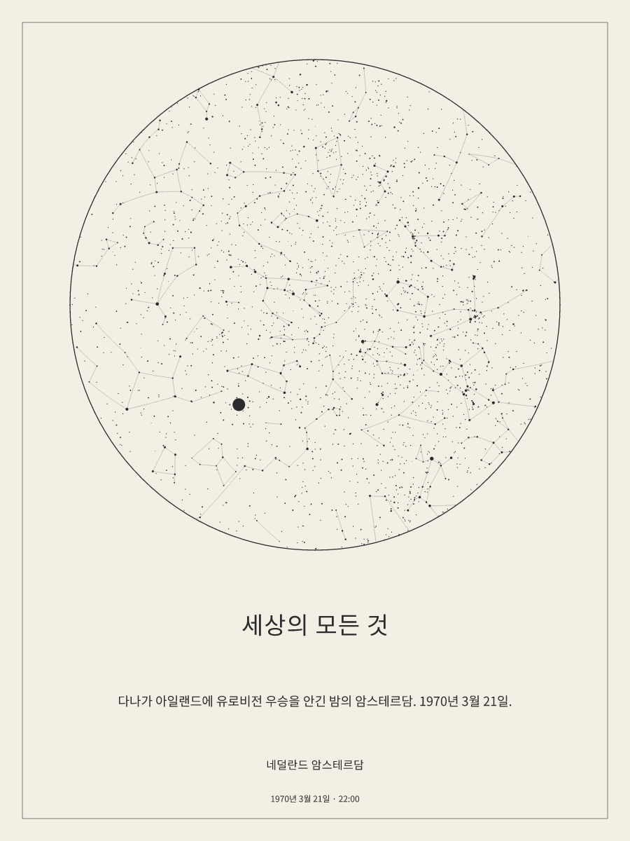 1970년 3월 21일 오후 10:00 네덜란드 암스테르담 위 밤하늘의 하늘 지도