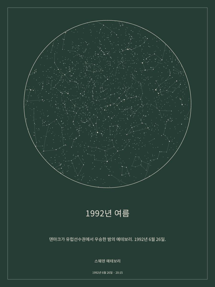 1992년 6월 26일 오후 8:15 스웨덴 예테보리 위 밤하늘의 하늘 지도