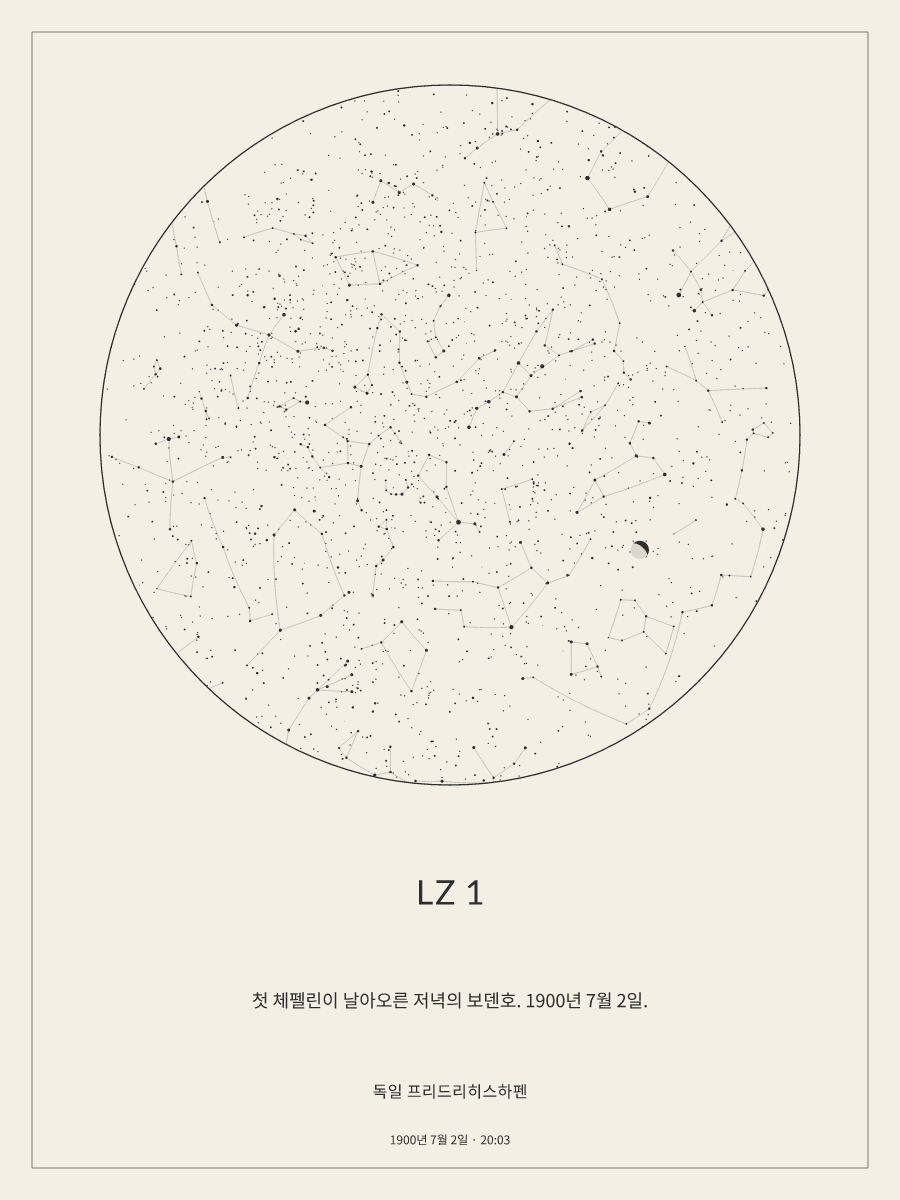 1900년 7월 2일 오후 8:03 독일 프리드리히스하펜 위 밤하늘의 하늘 지도