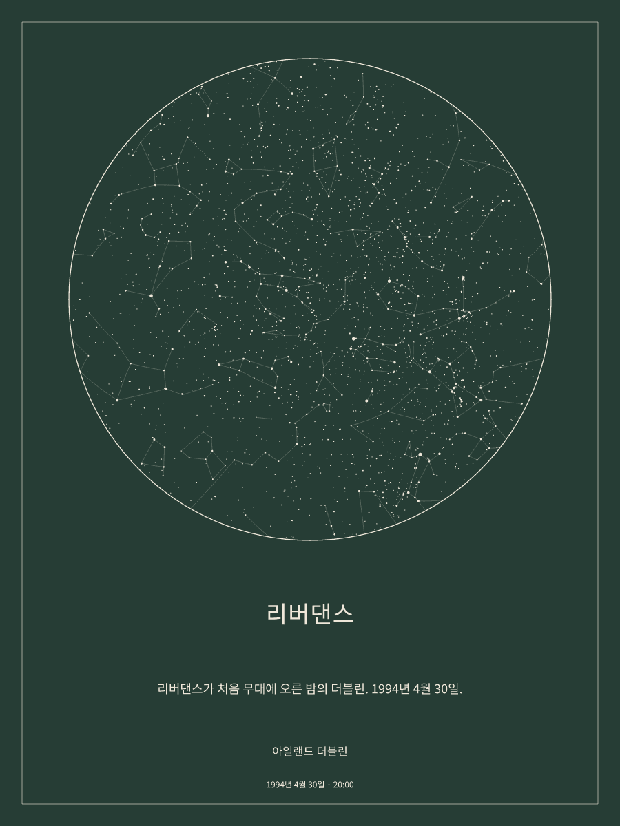 1994년 4월 30일 오후 8:00 아일랜드 더블린 위 밤하늘의 하늘 지도