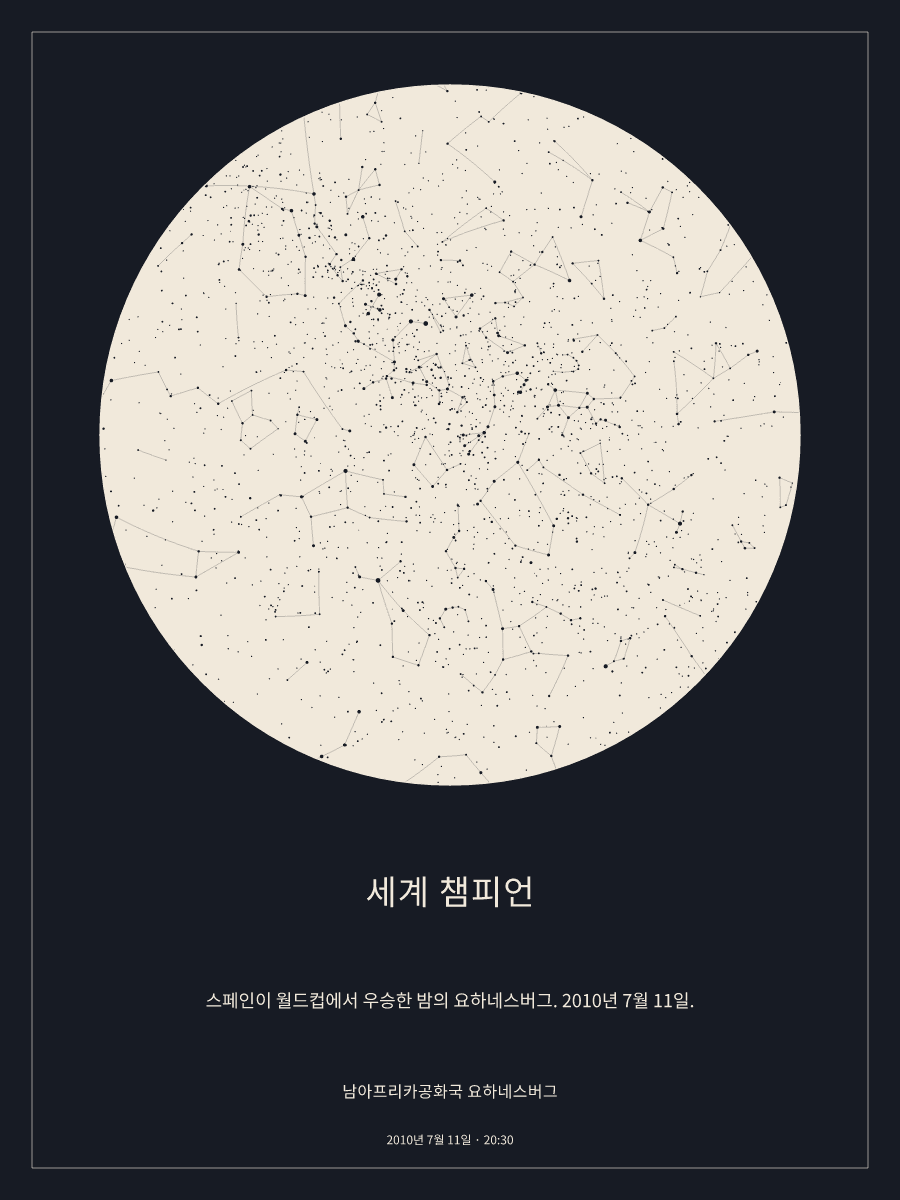 2010년 7월 11일 오후 8:30 남아프리카공화국 요하네스버그 위 밤하늘의 하늘 지도