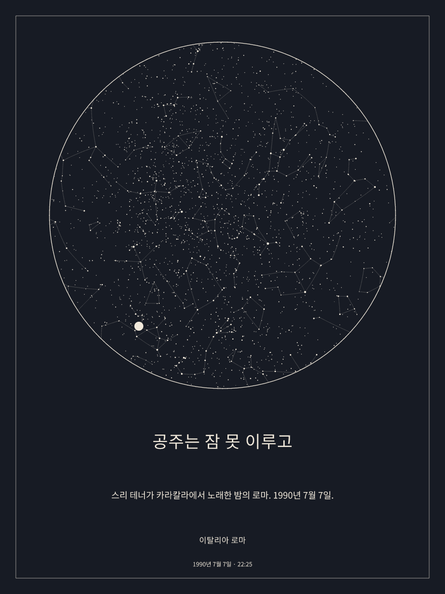 1990년 7월 7일 오후 10:25 이탈리아 로마 위 밤하늘의 하늘 지도