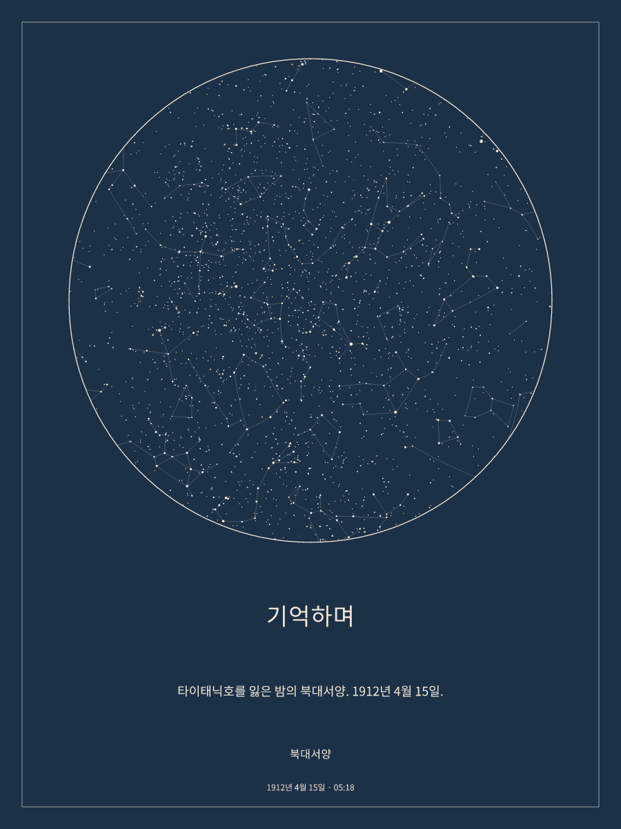 1912년 4월 15일 오전 5:18 북대서양 위 밤하늘의 하늘 지도