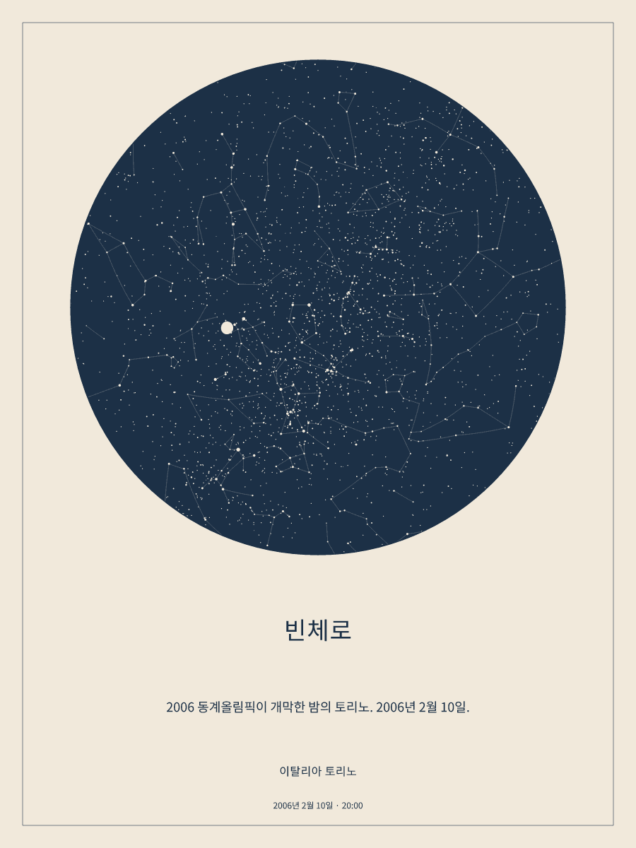 2006년 2월 10일 오후 8:00 이탈리아 토리노 위 밤하늘의 하늘 지도