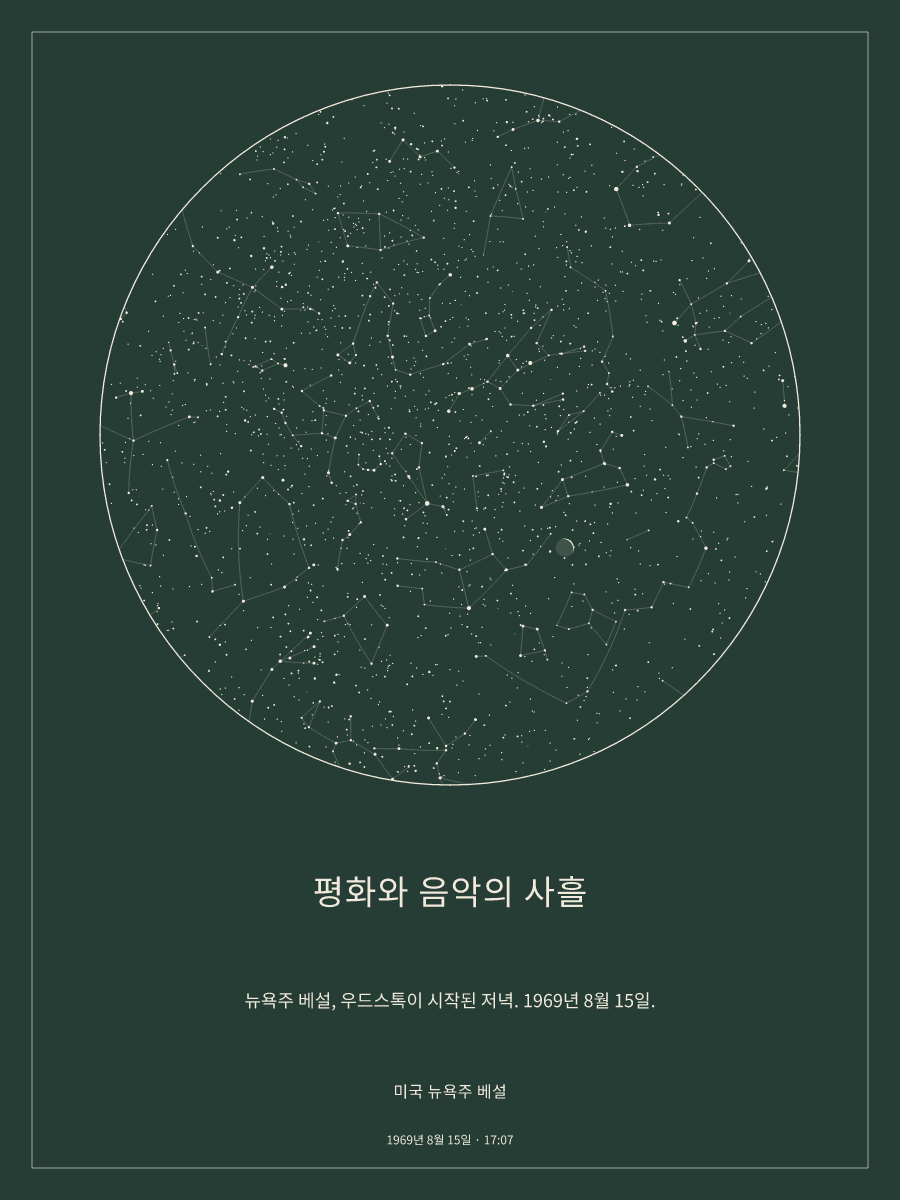 1969년 8월 15일 오후 5:07 미국 뉴욕주 베설 위 밤하늘의 하늘 지도